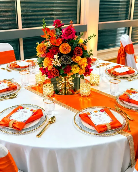 Round table styled with an orange and gold tablescape, floral centrepiece and place settings